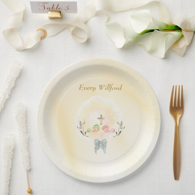 Plato De Papel  Golden Cross floral baptism paper plates  (Boda)