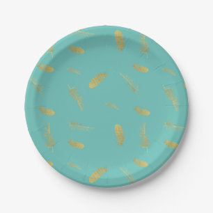 Plato De Papel Golden Feathers Aqua