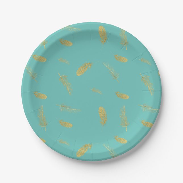 Plato De Papel Golden Feathers Aqua (Anverso)