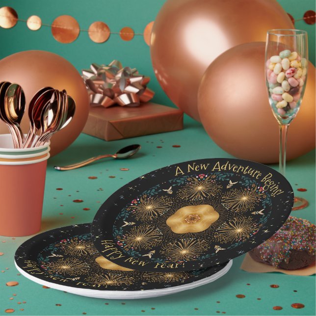 Plato De Papel Golden Fireworks Kaleidoscope - Feliz Año Nuevo (Multi)