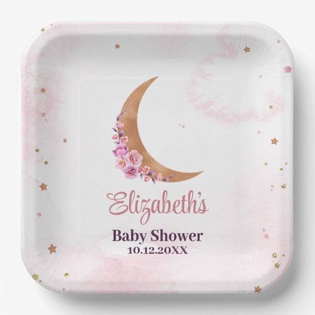 Plato De Papel Golden Floral Moon Baby Shower (Anverso)