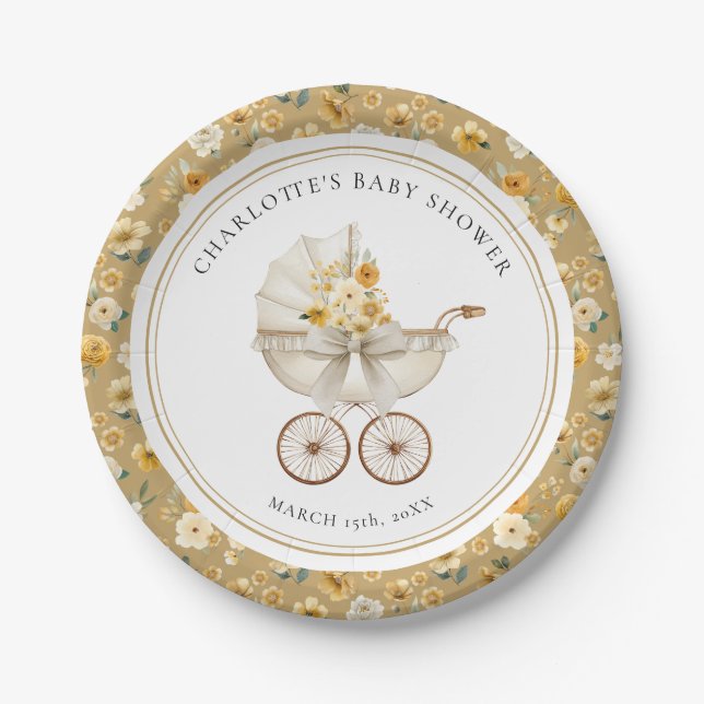Plato De Papel Golden Floral Pram Baby Shower Plate (Anverso)