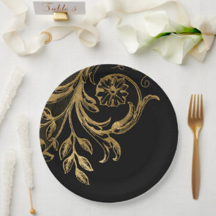 Plato De Papel Golden Flourish Floral de oro elegante sobre neg