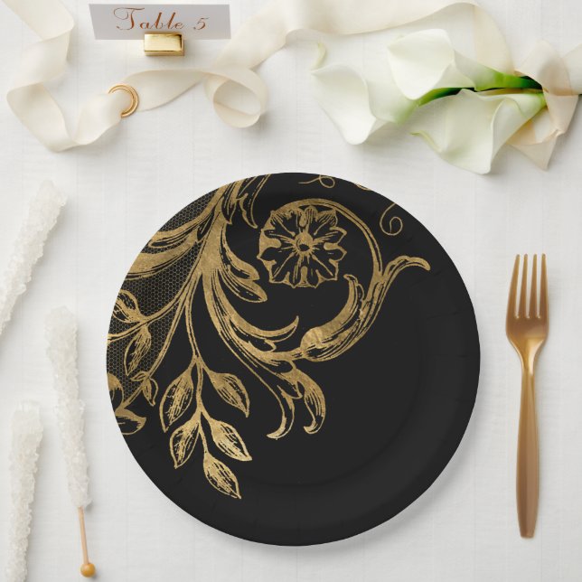 Plato De Papel Golden Flourish | Floral de oro elegante sobre neg (Boda)