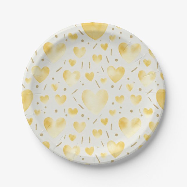 Plato De Papel Golden Glow Watercolor Heart Pattern (Anverso)