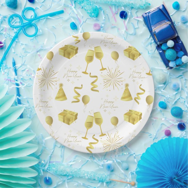 Plato De Papel Golden Happy New Year Pattern (Fiesta)