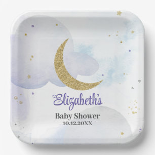 Plato De Papel Golden Purpurina Moon Baby Shower