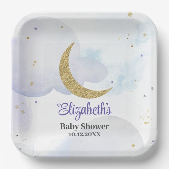 Plato De Papel Golden Purpurina Moon Baby Shower (Anverso)