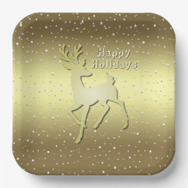 Plato De Papel Golden Reindeer Snowy Holiday Paper Plate
