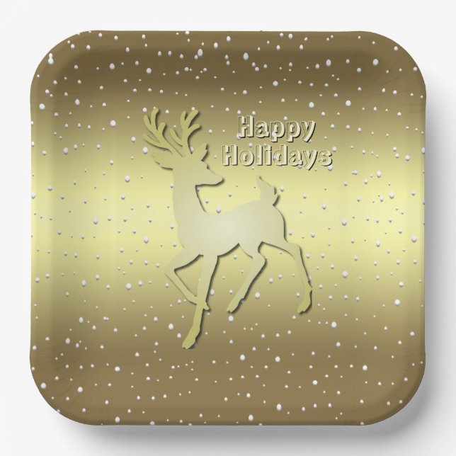 Plato De Papel Golden Reindeer Snowy Holiday Paper Plate (Anverso)