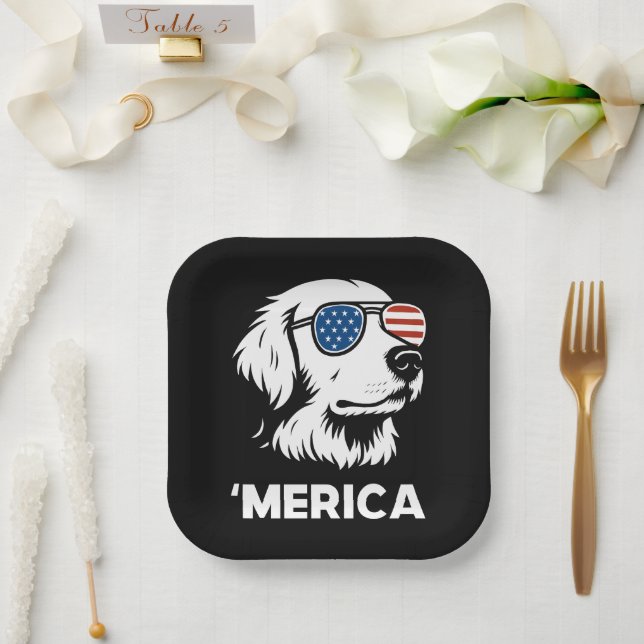 Plato De Papel Golden Retriever 4 De Julio Merica (Boda)