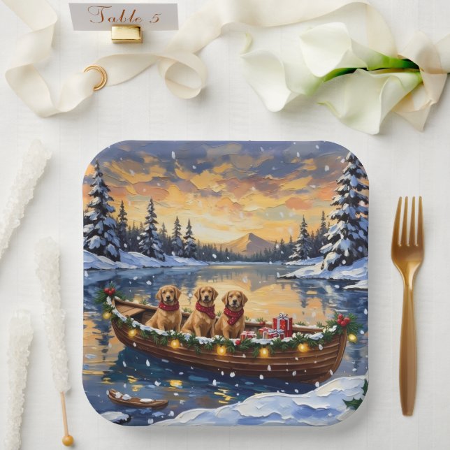 Plato De Papel Golden Retriever Christmas Boat Holiday (Boda)