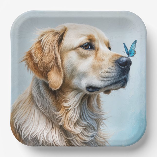 Plato De Papel Golden Retriever Con Mariposa Azul (Anverso)