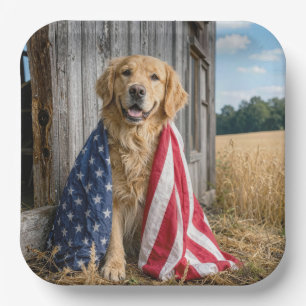 Plato De Papel Golden Retriever cubierto con una bandera estadoun