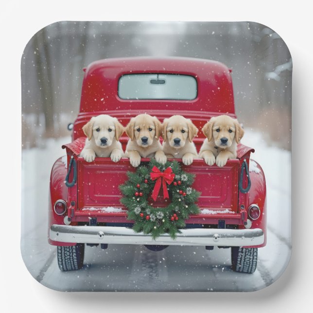 Plato De Papel Golden Retriever Cuppies En Camión De Navidades (Anverso)
