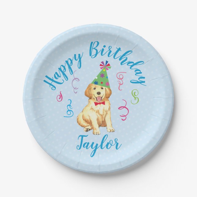 Plato De Papel Golden retriever de la fiesta de cumpleaños (Anverso)