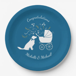 Plato De Papel Golden Retriever Dog Baby Shower Blue Boy