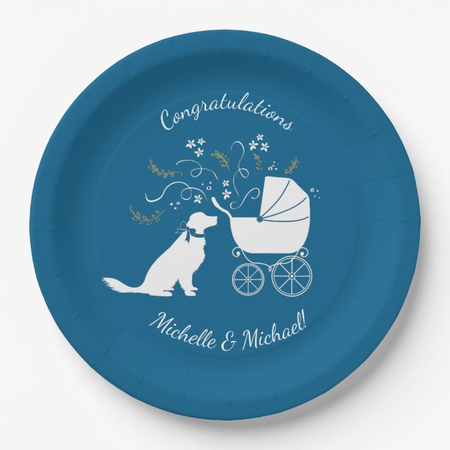 Plato De Papel Golden Retriever Dog Baby Shower Blue Boy (Anverso)