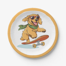 Plato De Papel Golden Retriever Dog Skateboarding