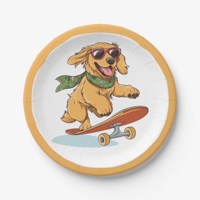 Plato De Papel Golden Retriever Dog Skateboarding (Anverso)