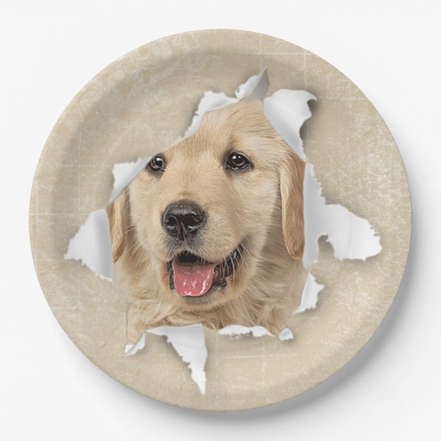 Plato De Papel Golden Retriever en el agujero de papel (Anverso)