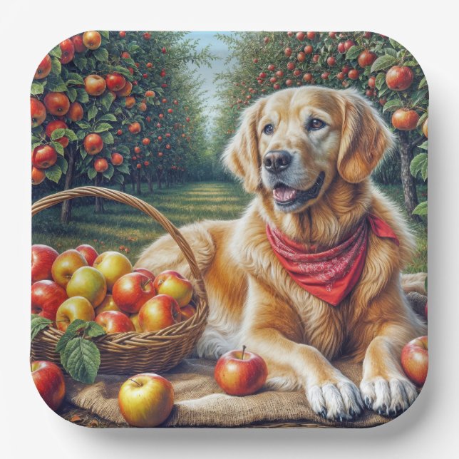 Plato De Papel Golden Retriever En El Huerto De Apple (Anverso)