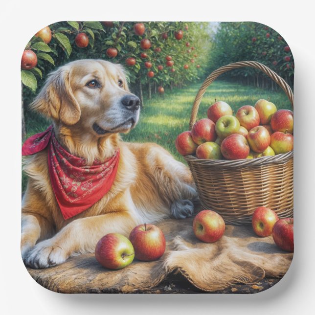 Plato De Papel Golden Retriever En El Huerto De Apple (Anverso)