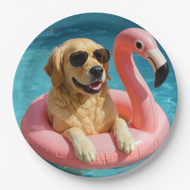 Plato De Papel Golden Retriever Floating On a Flamingo Pool Toy (Anverso)