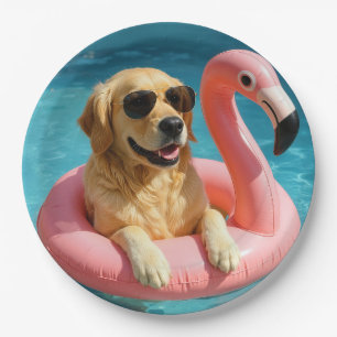 Plato De Papel Golden Retriever flotando en un juguete de piscina