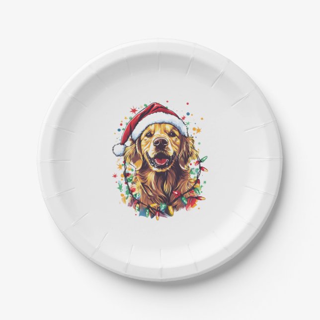 Plato De Papel Golden Retriever Funny dog Christmas Santa Hat lig (Anverso)