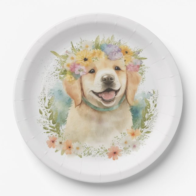 Plato De Papel Golden Retriever In Floral Laurel Wreath (Anverso)
