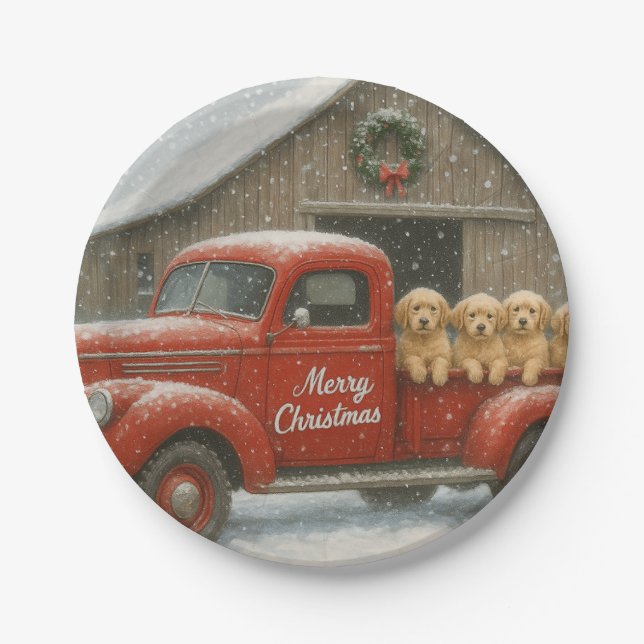 Plato De Papel Golden Retriever Puppies in an old truck Christmas (Anverso)