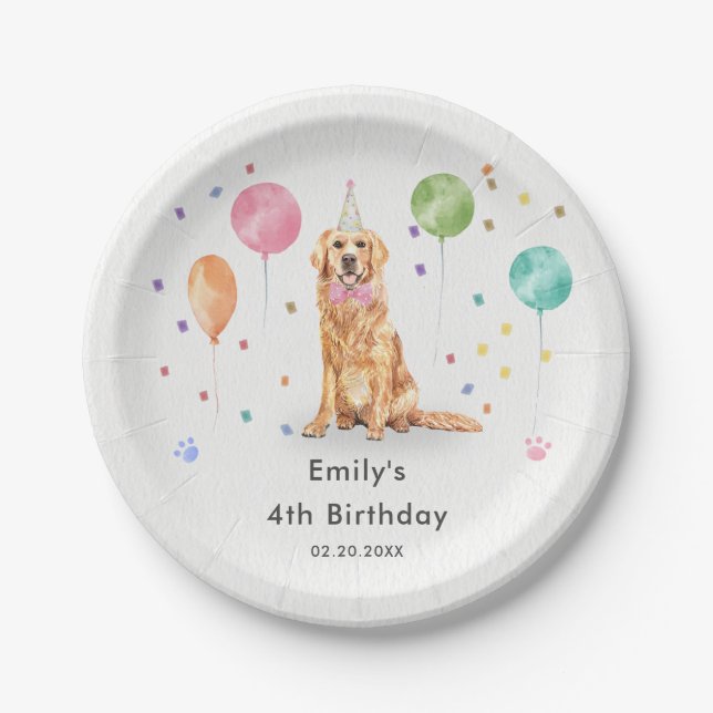 Plato De Papel Golden Retriever Puppy Dog Kids Birday Fiesta (Anverso)
