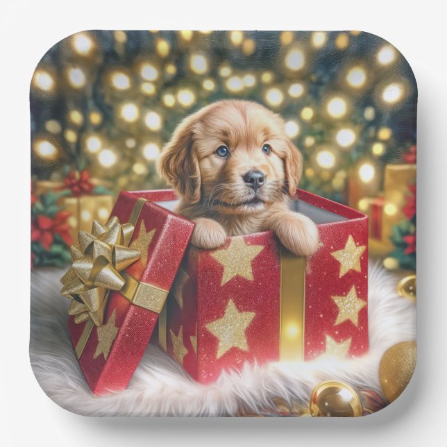 Plato De Papel Golden Retriever Puppy en caja de Navidades (Anverso)