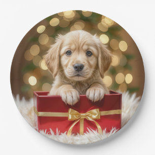 Plato De Papel Golden Retriever Puppy en caja de Navidades