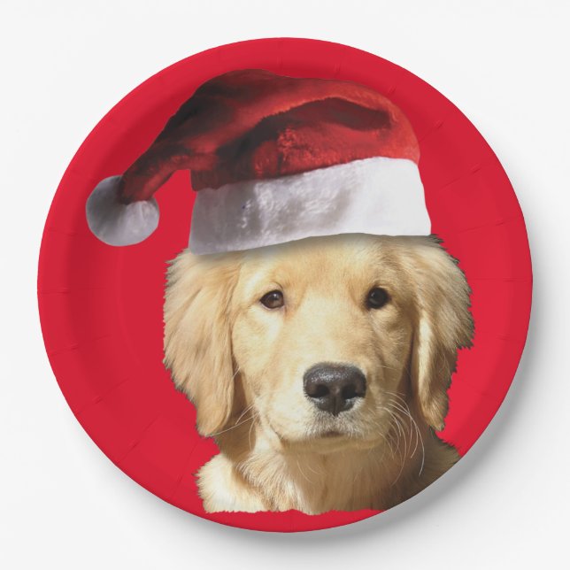 Plato De Papel Golden Retriever Santa Claus (Anverso)