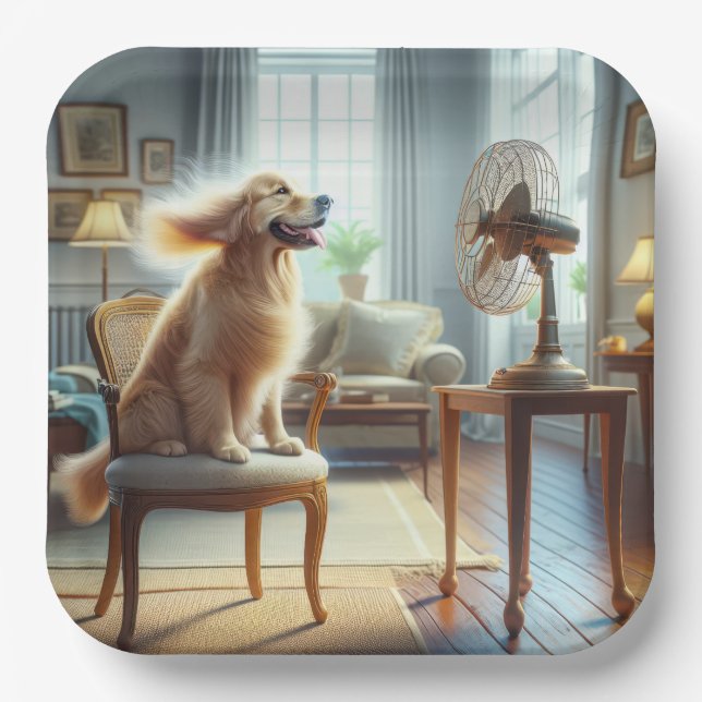 Plato De Papel Golden Retriever sentado frente al ventilador (Anverso)