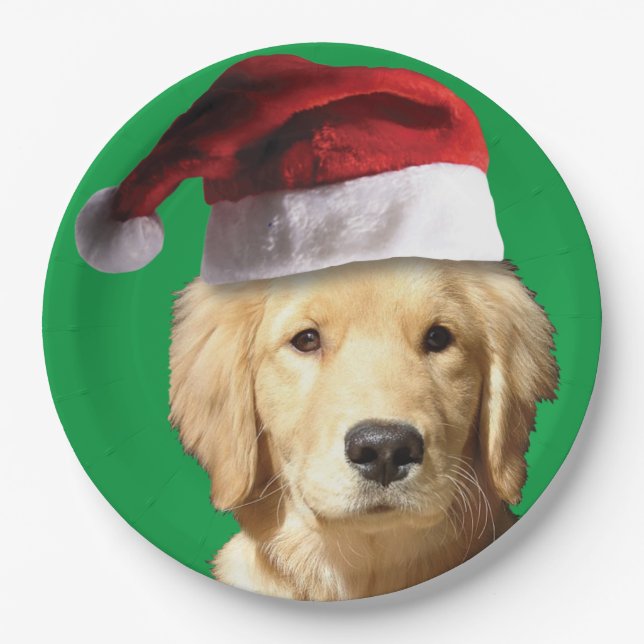Plato De Papel Golden Retriever vistiendo un Gorra de Santa Claus (Anverso)