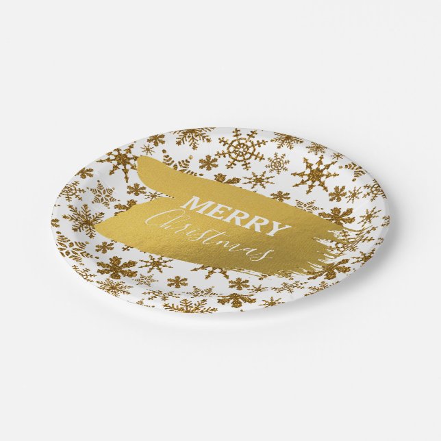 Plato De Papel Golden Sparkling Snowflakes Feliz Navidad (Angular)