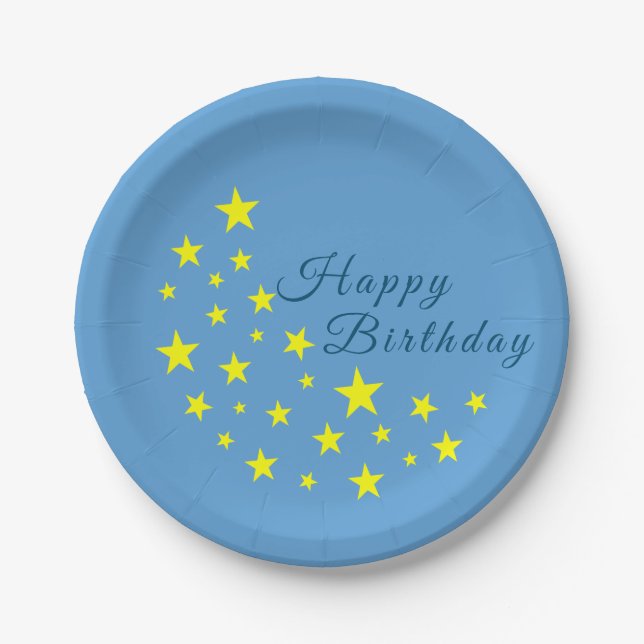 Plato De Papel Golden Starry Moon en Picton Blue Happy Birday (Anverso)