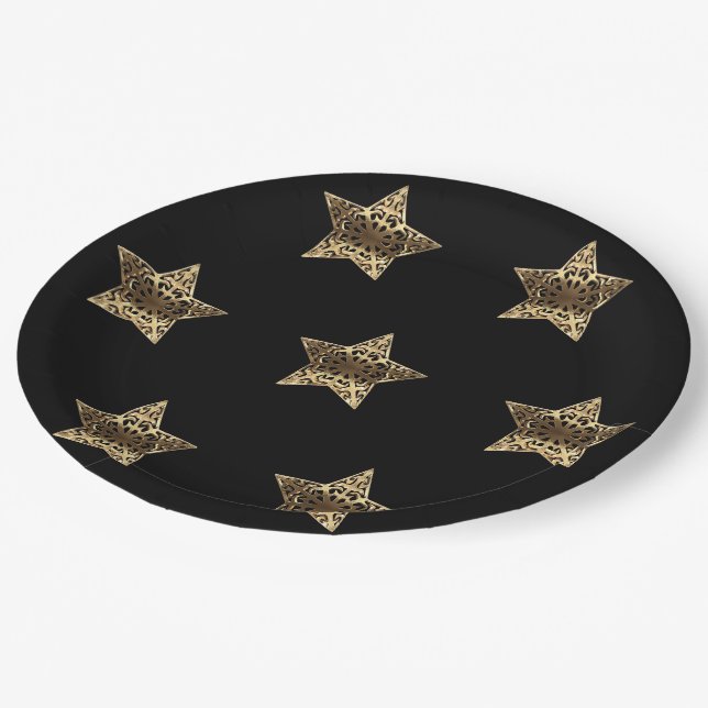 Plato De Papel Golden Stars Black and Gold Festive Elegant (Angular)
