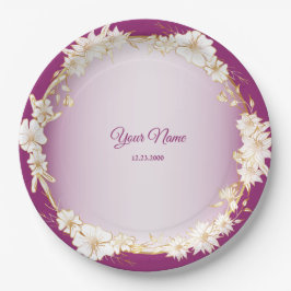 Plato De Papel Golden White Floral Pink Geometric Wedding Party