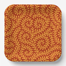 Plato De Papel Golden Yellow Leafy Vine Pattern 