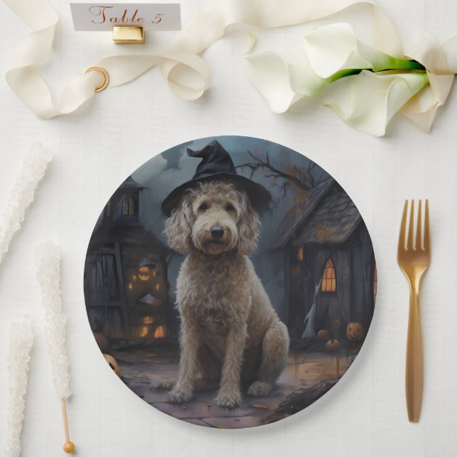Plato De Papel Goldendoodle Pumpkins Halloween Scary (Boda)