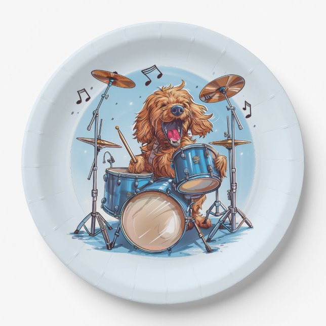 Plato De Papel Goldendoodle tocando la batería (Anverso)