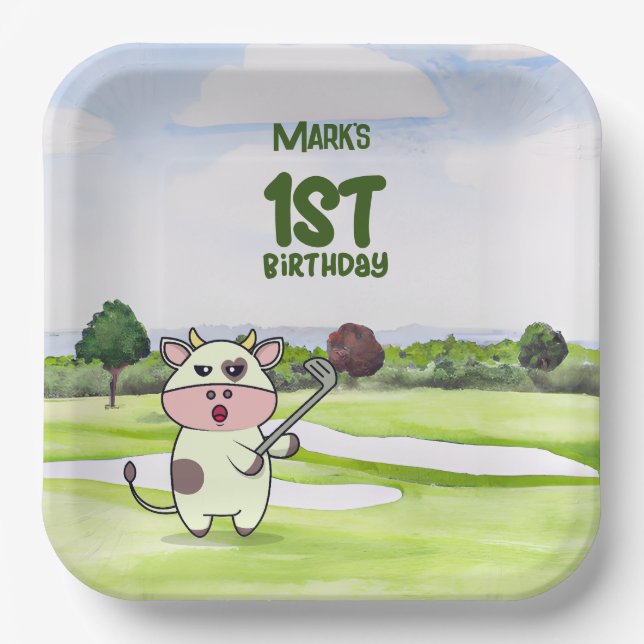 Plato De Papel Golf 1 cumpleaños golfista de un año con número (Anverso)