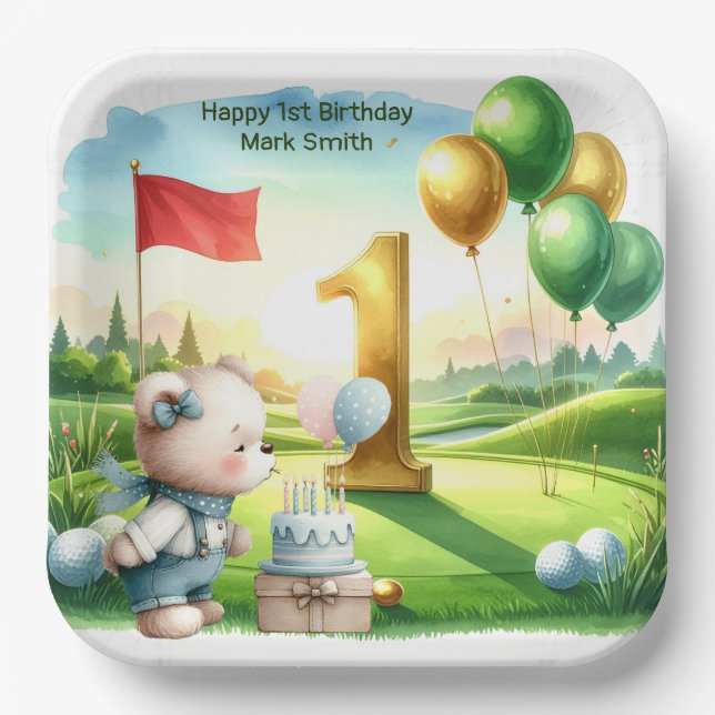 Plato De Papel Golf 1er Cumpleaños con tema de Putting Green (Anverso)