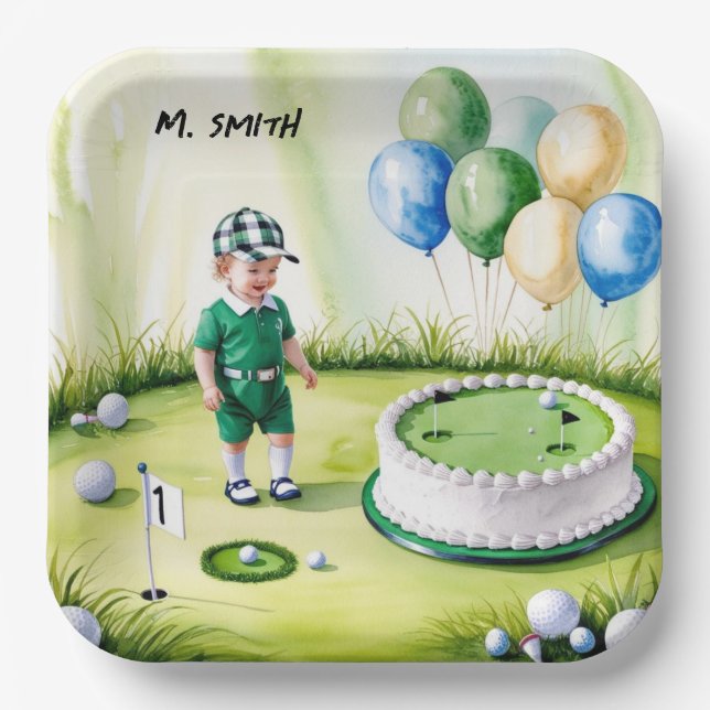 Plato De Papel Golf 1er cumpleaños golfista de un año de edad con (Anverso)