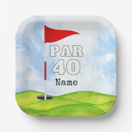 Plato De Papel Golf 40 Aniversario al golfista con bandera de gol