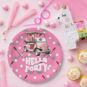 Plato De Papel Golf 40 cumpleaños con una mujer de carrito rosa g